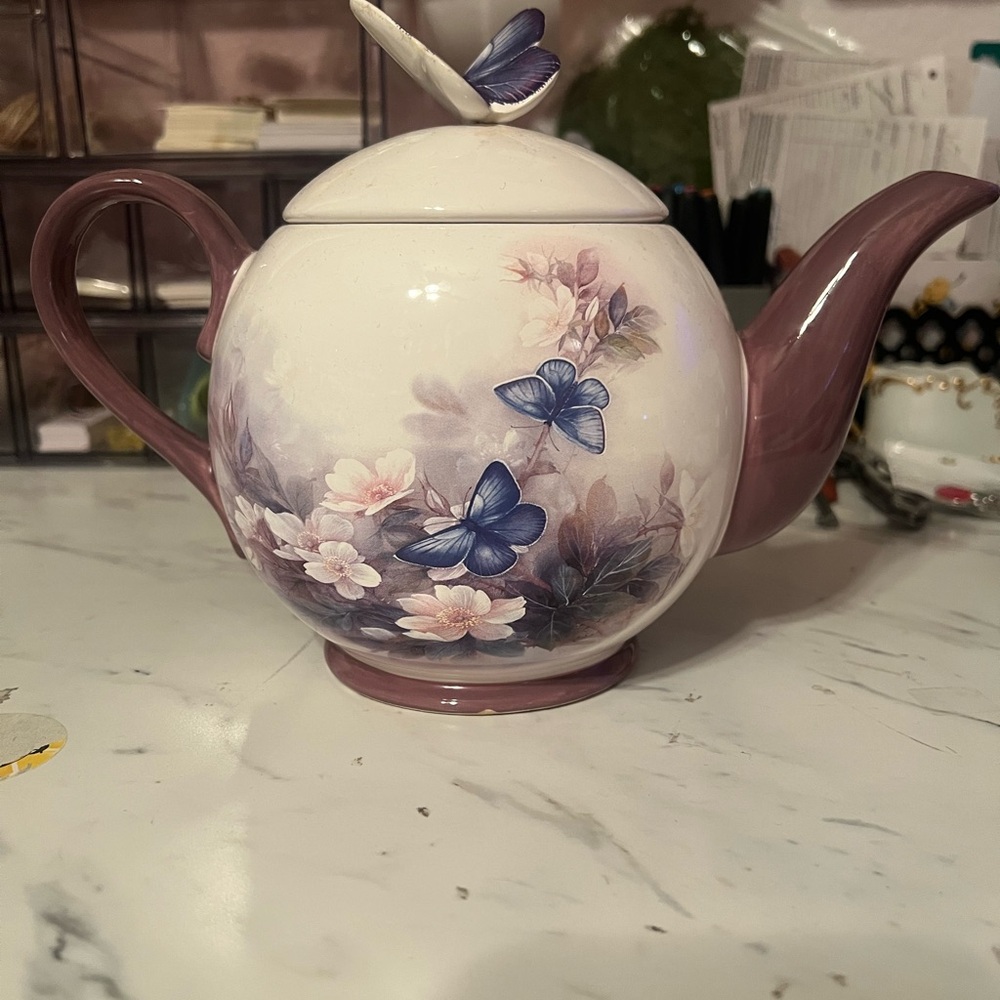 Elegant Lena Liu Floral Teapot with Blue Butterfly Design